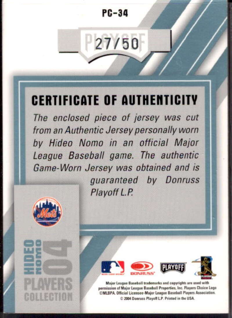 Hideo Nomo Mets Card 2004 Studio Players Collection Jersey Platinum #34  Image 2
