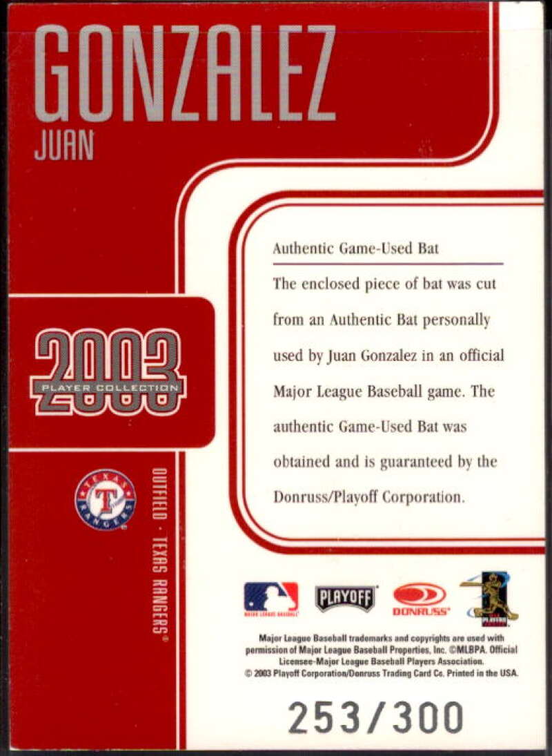 Juan Gonzalez Bat Card 2003 Studio Player Collection #30  Image 2