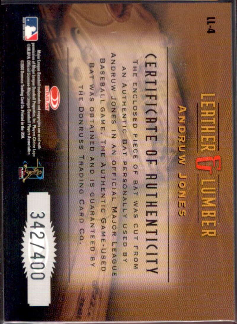 Andruw Jones Bat Card 2003 Studio Leather and Lumber #4  Image 2