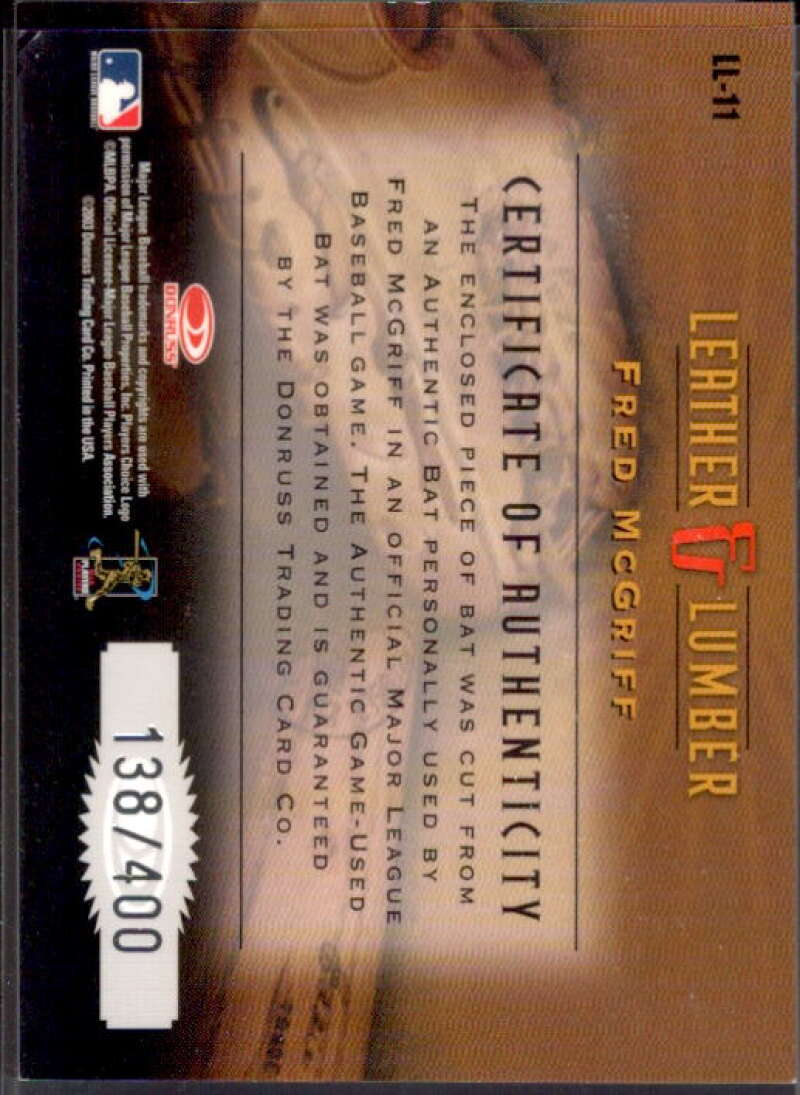 Fred McGriff Bat Card 2003 Studio Leather and Lumber #11  Image 2