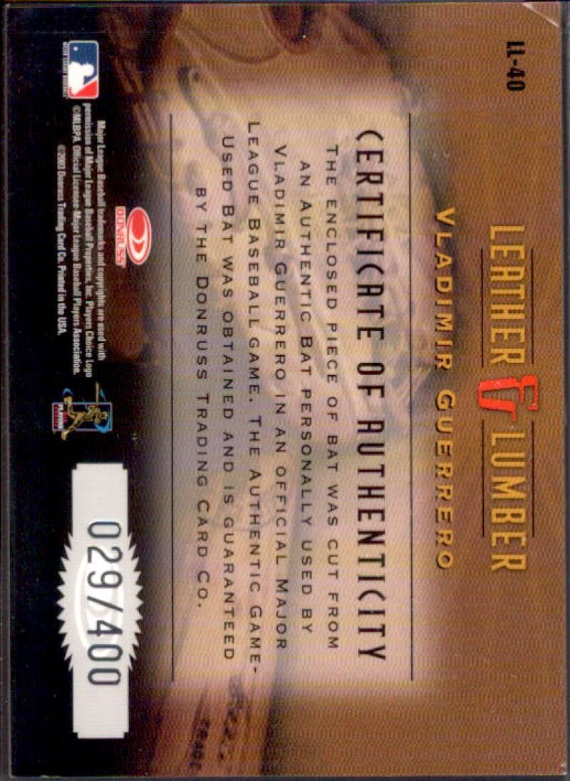 Vladimir Guerrero Bat Card 2003 Studio Leather and Lumber #40  Image 2