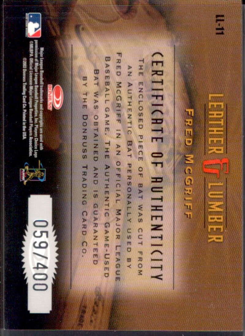 Fred McGriff Bat Card 2003 Studio Leather and Lumber #11  Image 2