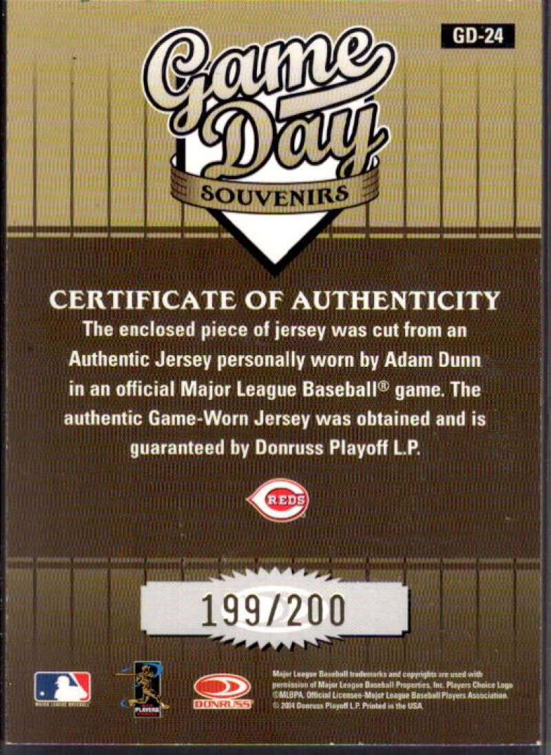 Adam Dunn Jsy Card 2004 Studio Game Day Souvenirs Position #24  Image 2