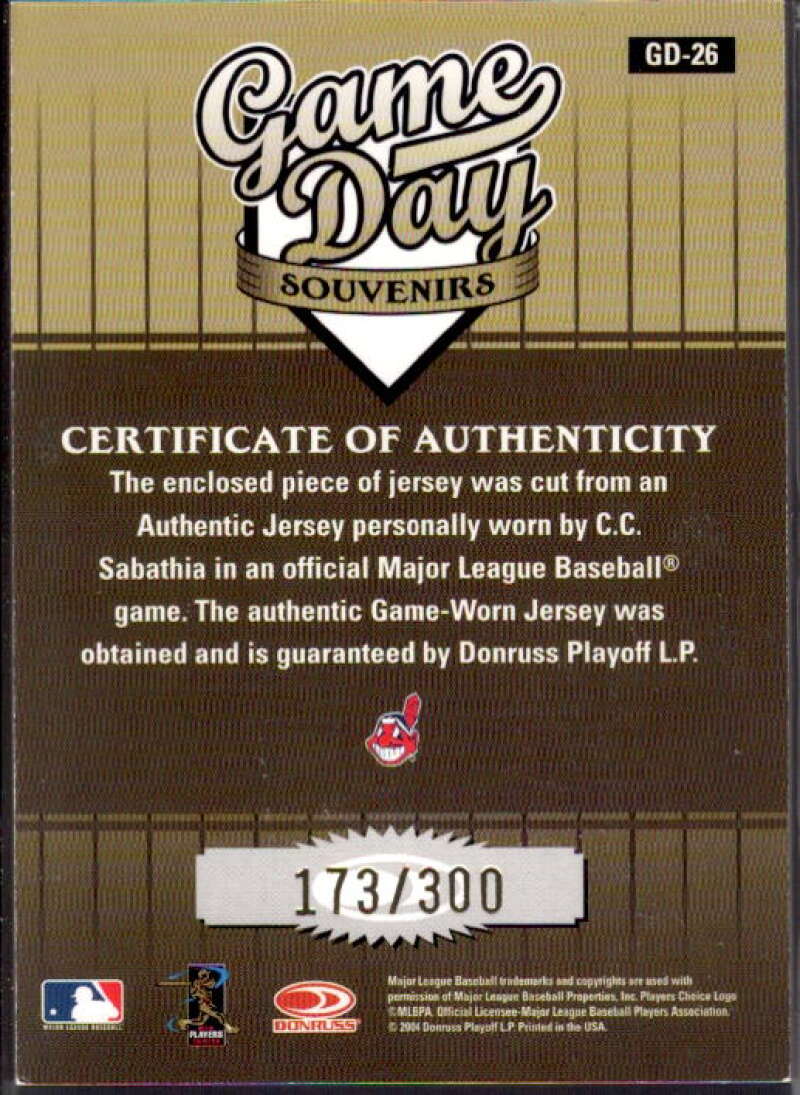 C.C. Sabathia Jsy Card 2004 Studio Game Day Souvenirs Position #26  Image 2