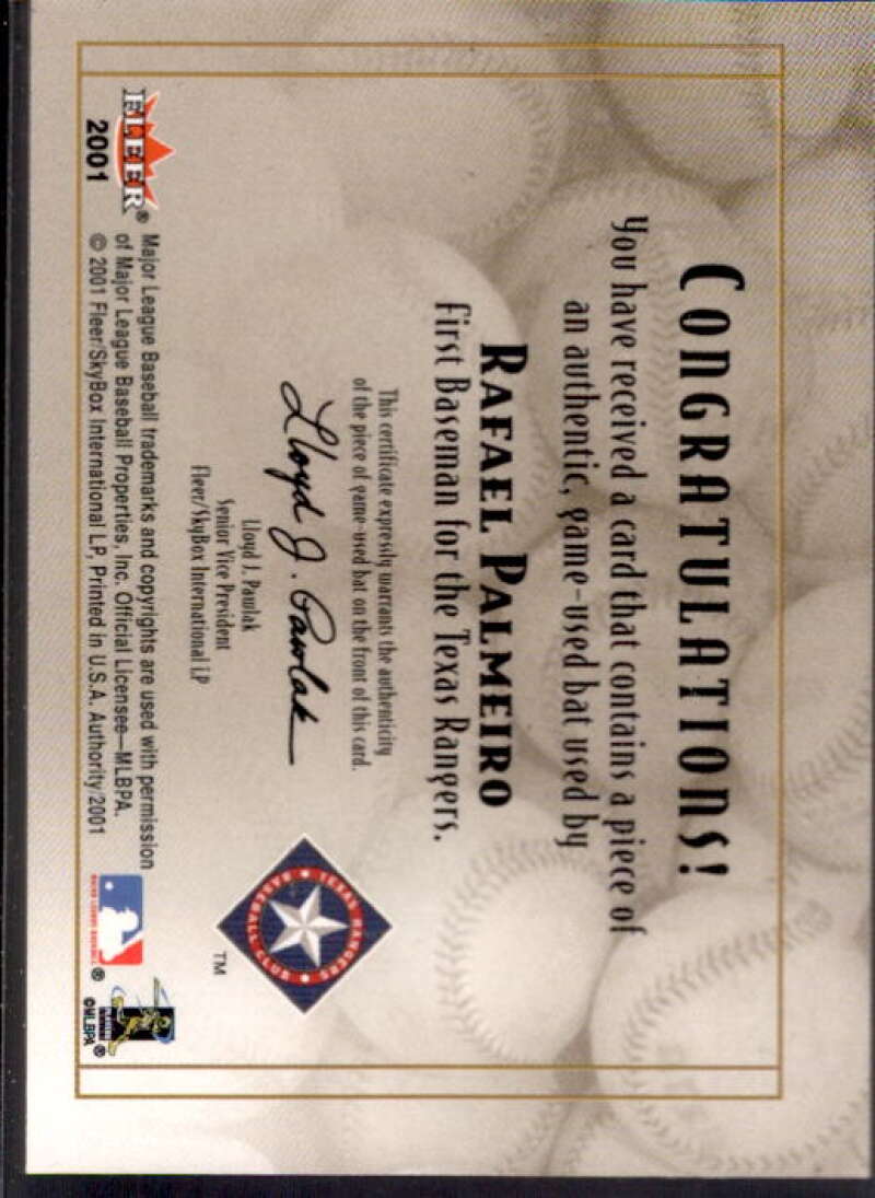 Rafael Palmeiro Bat Card 2001 Fleer Authority Diamond Cuts Memorabilia #70  Image 2