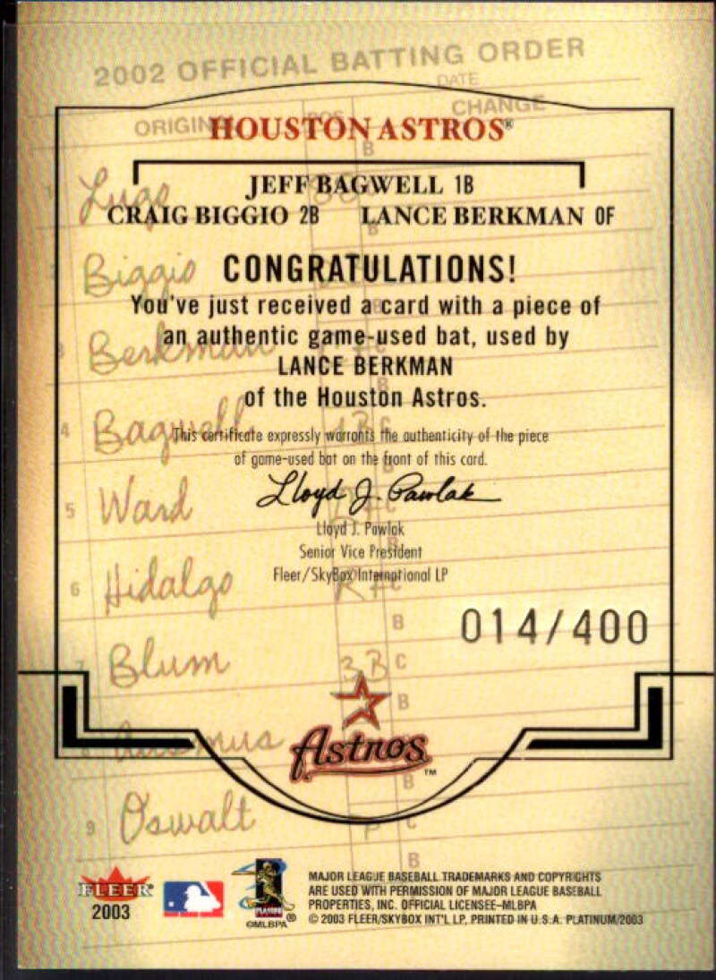 Lance Berkman Mem Card 2003 Fleer Platinum Heart of the Order Game Used #LB  Image 2
