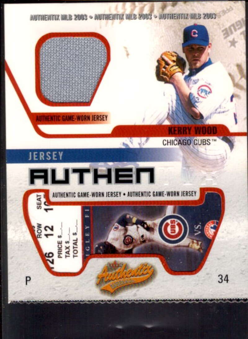 Kerry Wood Card 2003 Fleer Authentix Game Jersey #KW  Image 1