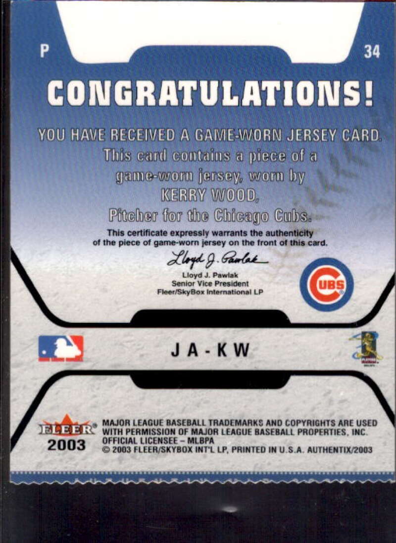 Kerry Wood Card 2003 Fleer Authentix Game Jersey #KW  Image 2