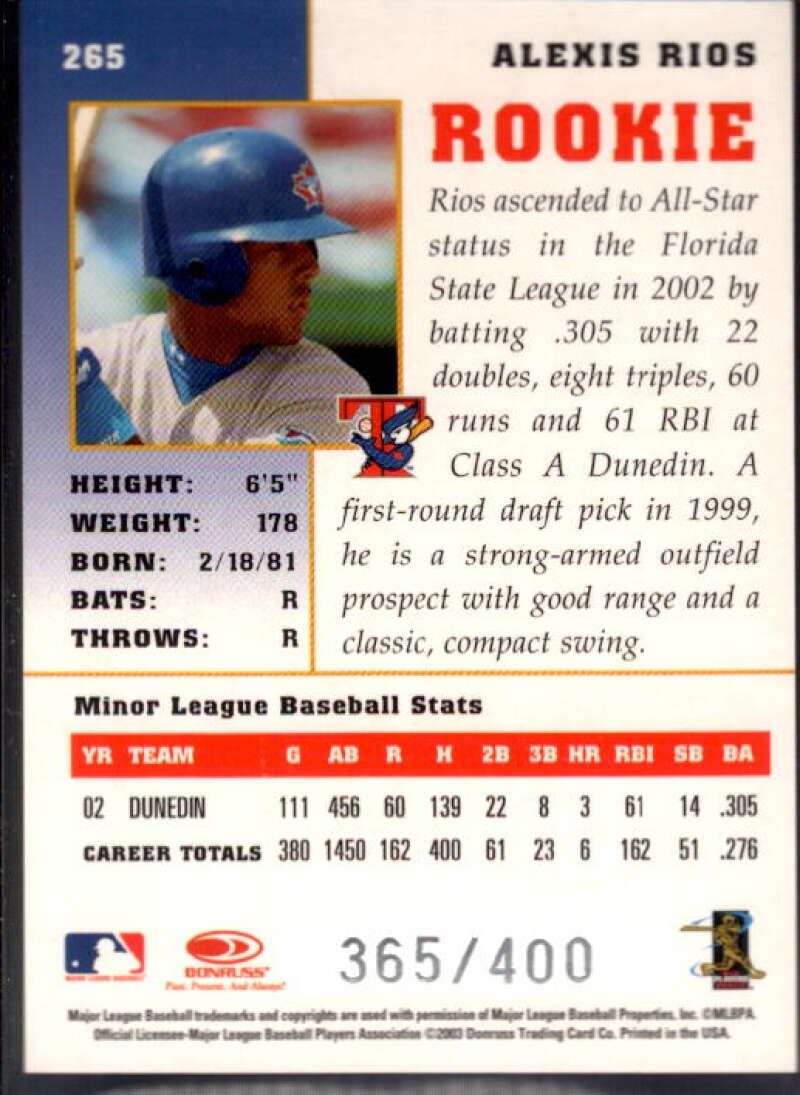 Alexis Rios Card 2003 Donruss Champions Autographs #265  Image 2