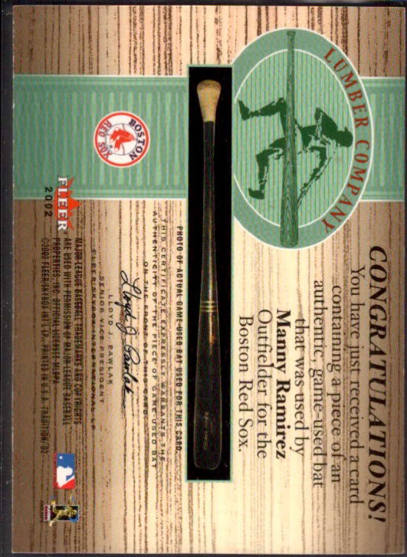 Manny Ramirez Card 2002 Fleer Tradition Lumber Company Game Bat #21  Image 2