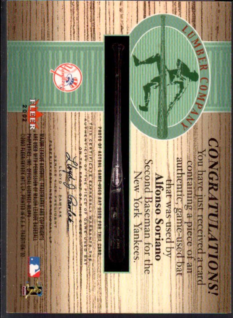 Alfonso Soriano Card 2002 Fleer Tradition Lumber Company Game Bat #26  Image 2