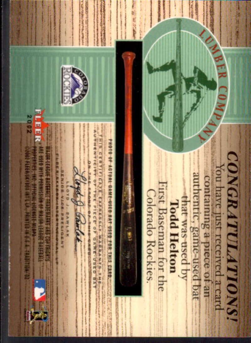 Todd Helton Card 2002 Fleer Tradition Lumber Company Game Bat #11  Image 2