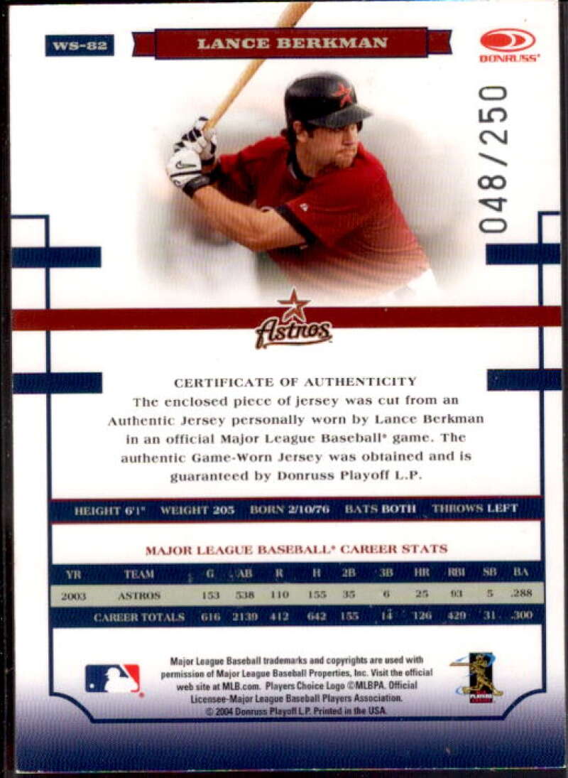 Lance Berkman Jsy Card 2004 Donruss World Series Material Fabric AL/NL #82  Image 2