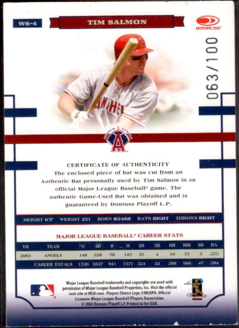 Tim Salmon Card 2004 Donruss World Series Material Bat #4  Image 2