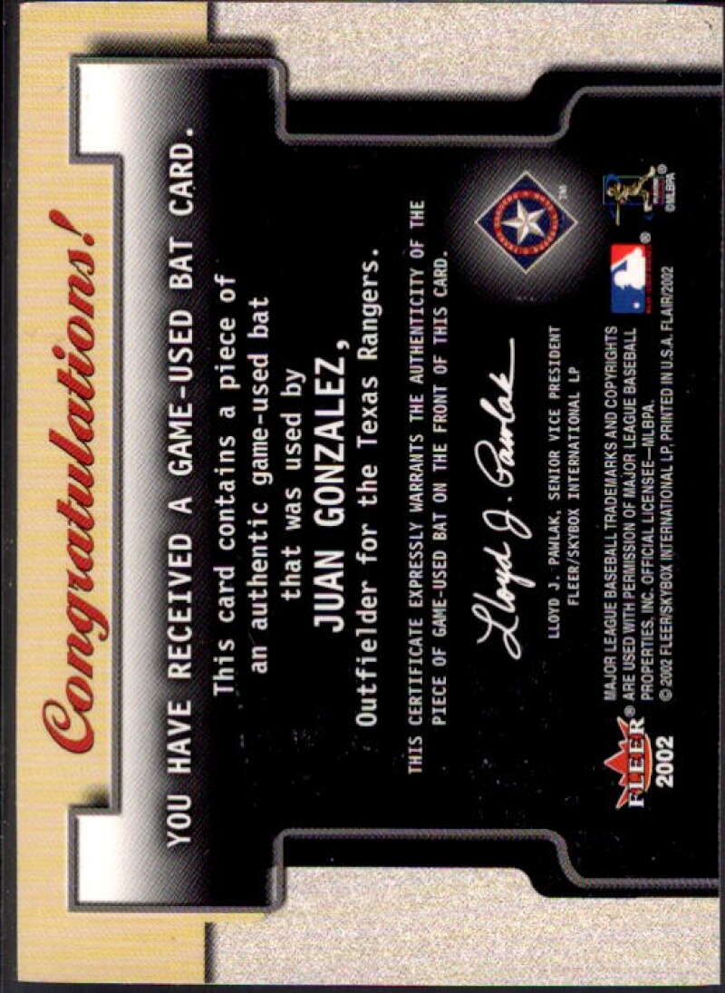 Juan Gonzalez Card 2002 Flair Power Tools Bats #10  Image 2