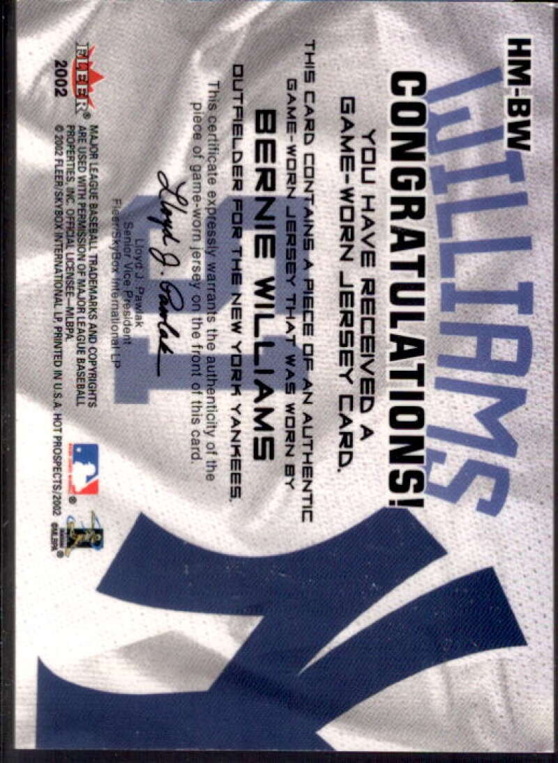 Bernie Williams Jsy Card 2002 Hot Prospects MLB Hot Materials #BW  Image 2