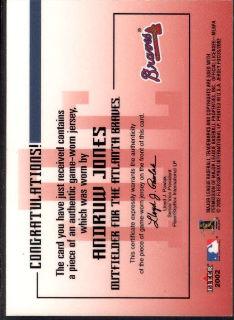 Andruw Jones Jsy Card 2002 Fleer Focus JE Intl Diamond Co. Game Used #1  Image 2