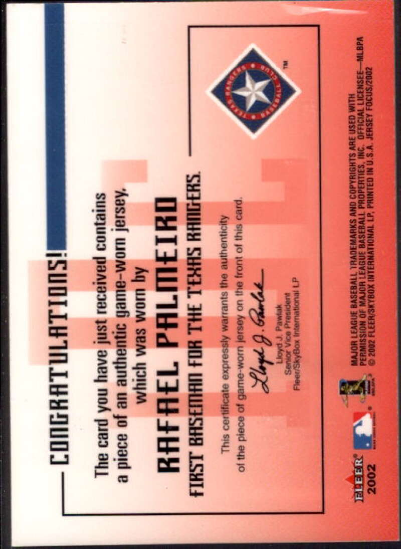 Rafael Palmeiro Jsy Card 2002 Fleer Focus JE Intl Diamond Co. Game Used #5  Image 2