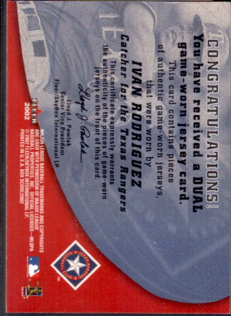 Ivan Rodriguez Card 2002 Fleer Box Score Amazing Greats Dual Swatch #11  Image 2