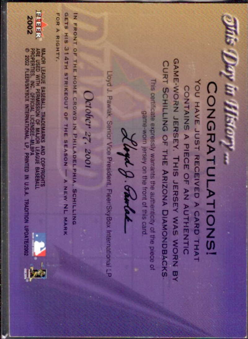 Curt Schilling Jsy Card 2002 Tradition Update This Day In History Game Used #17  Image 2