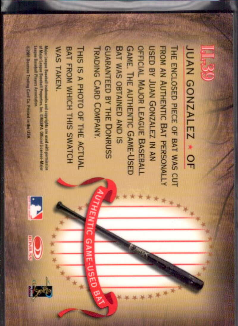 Juan Gonzalez Card 2001 Donruss Classics Legendary Lumberjacks #LL39  Image 2