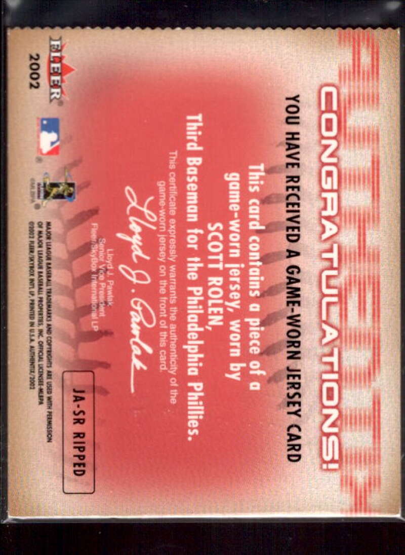 Scott Rolen Card 2002 Fleer Authentix Jersey AuthenTIX #JASR  Image 2