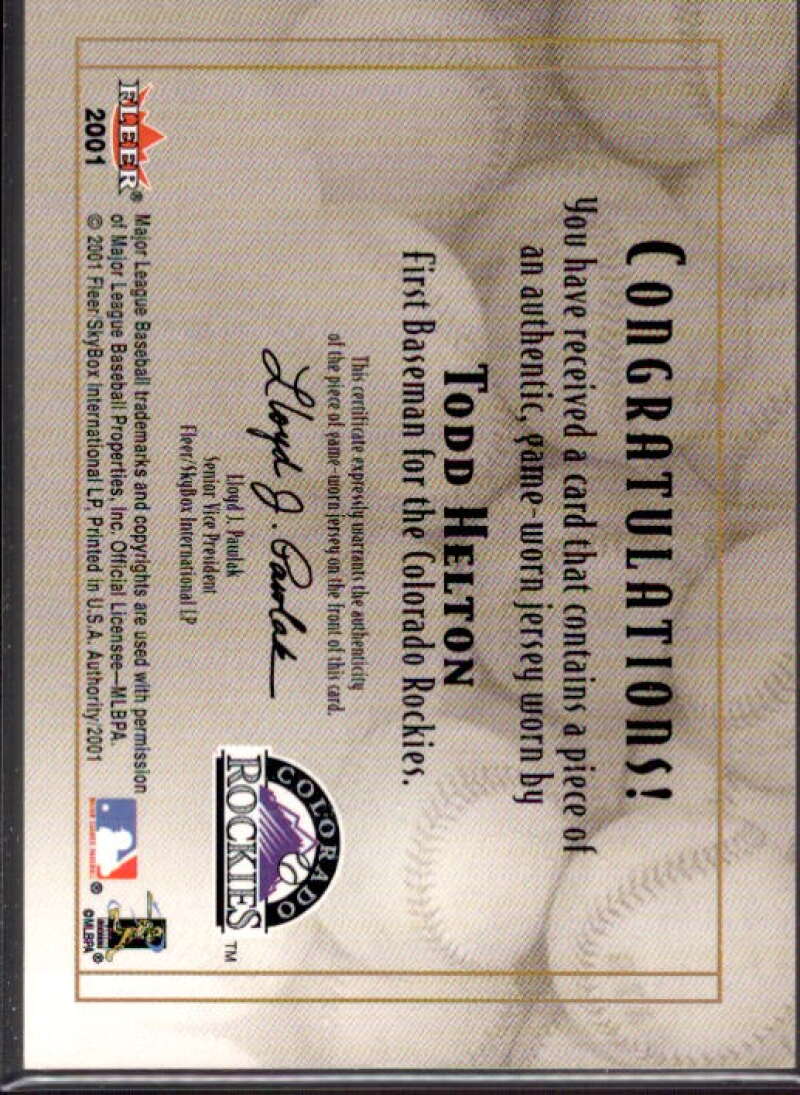 Todd Helton Jsy Card 2001 Fleer Authority Diamond Cuts Memorabilia #36  Image 2