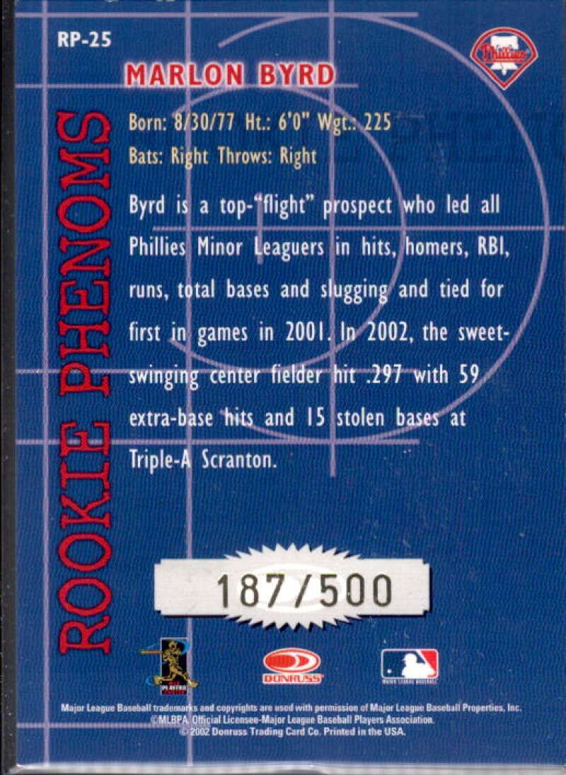 Marlon Byrd Card 2002 Donruss Rookies Phenoms Autographs #25  Image 2
