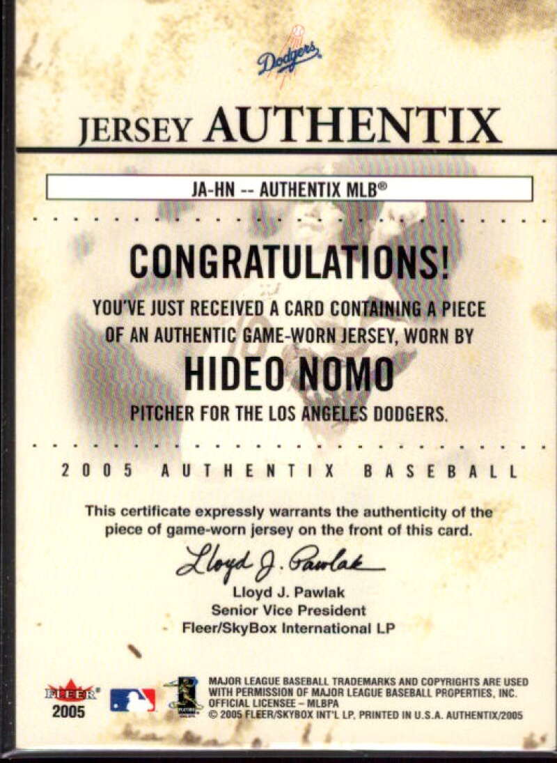 Hideo Nomo Card 2005 Fleer Authentix Jersey General Admission #HN  Image 2