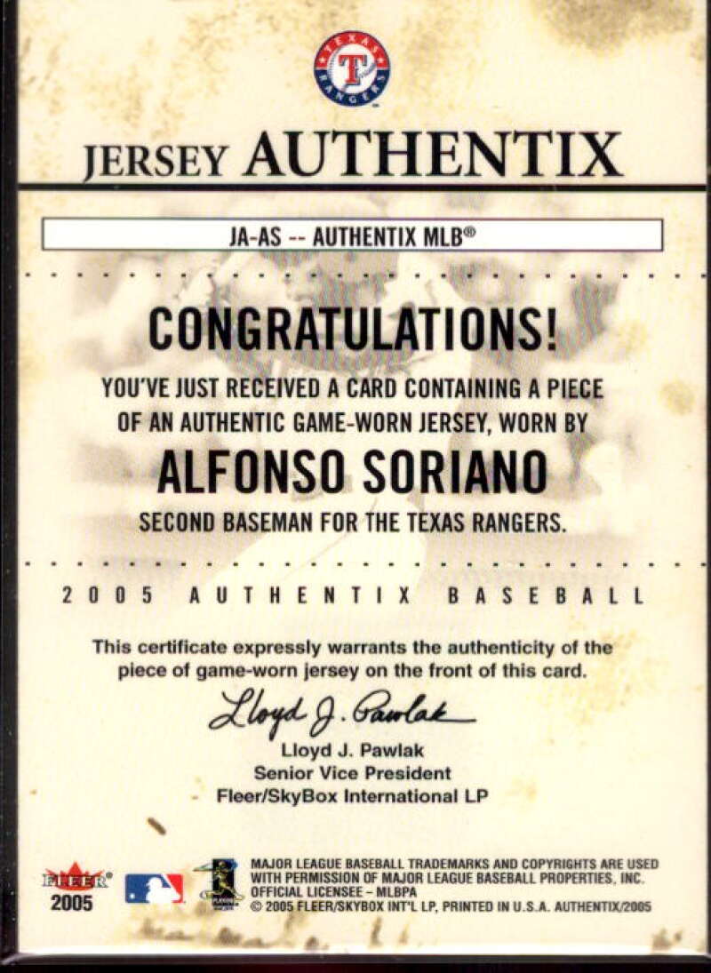 Alfonso Soriano Card 2005 Fleer Authentix Jersey General Admission #AS  Image 2