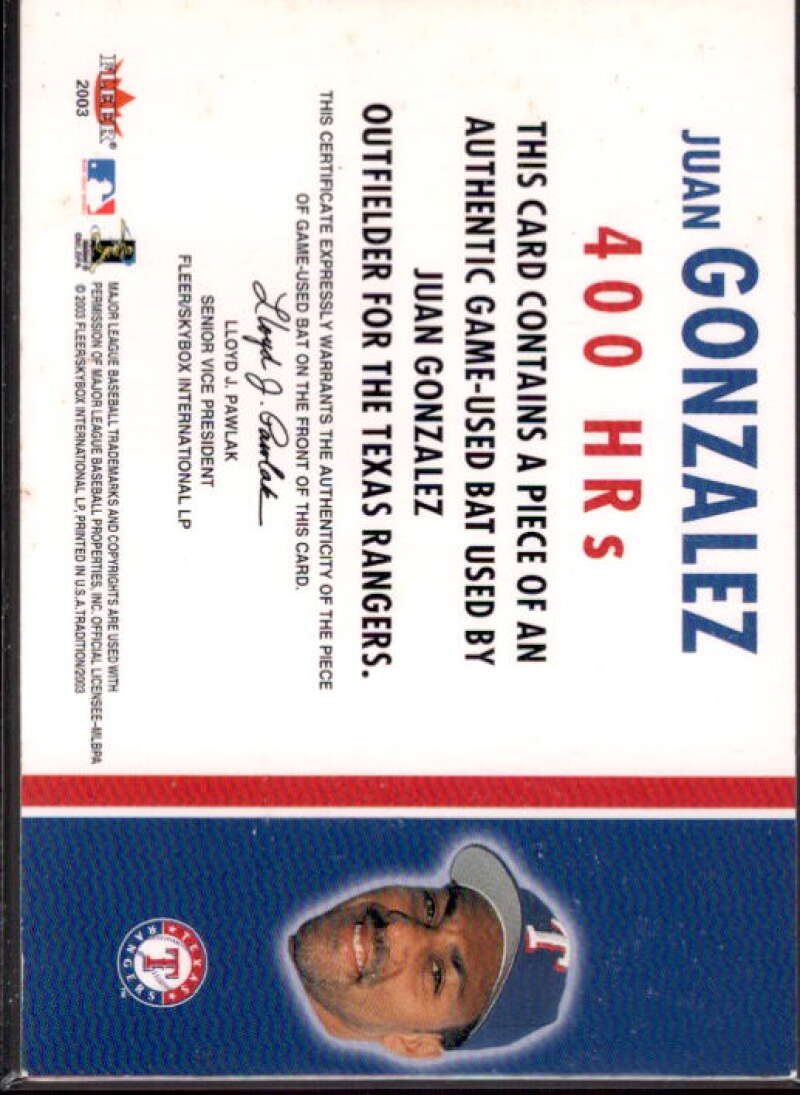 Juan Gonzalez Bat SP Card 2003 Fleer Tradition Milestones Game Used #JG  Image 2