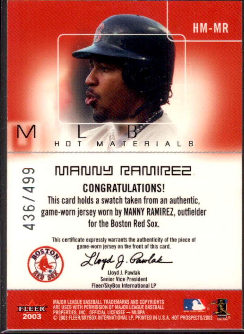 Manny Ramirez Jsy Card 2003 Hot Prospects MLB Hot Materials #MR  Image 2