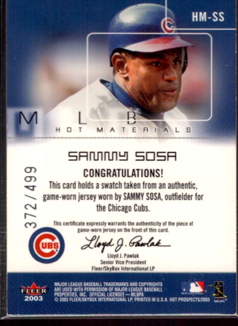 Sammy Sosa Jsy Card 2003 Hot Prospects MLB Hot Materials #SS  Image 2