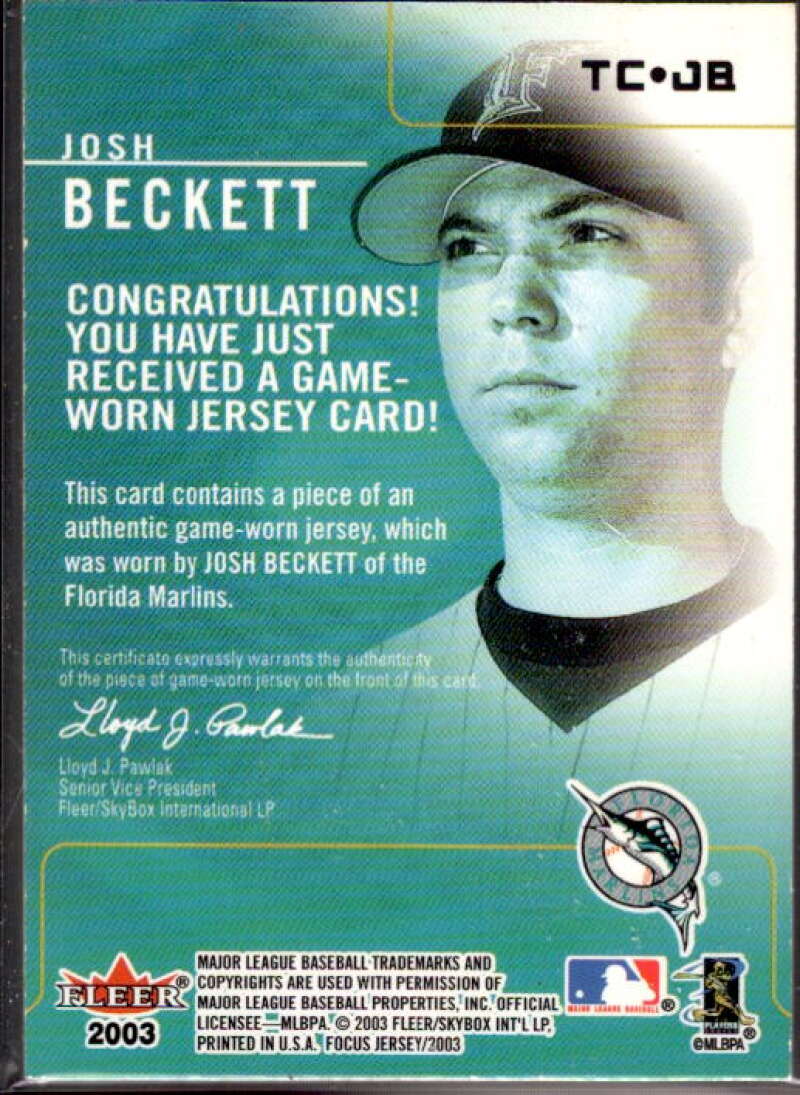 Josh Beckett Card 2003 Fleer Focus JE Team Colors Game Jersey #JBE  Image 2