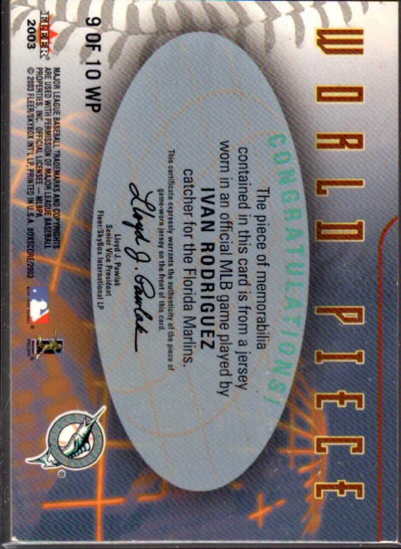 Ivan Rodriguez Card 2003 Fleer Box Score World Piece Game Jersey #IR  Image 2