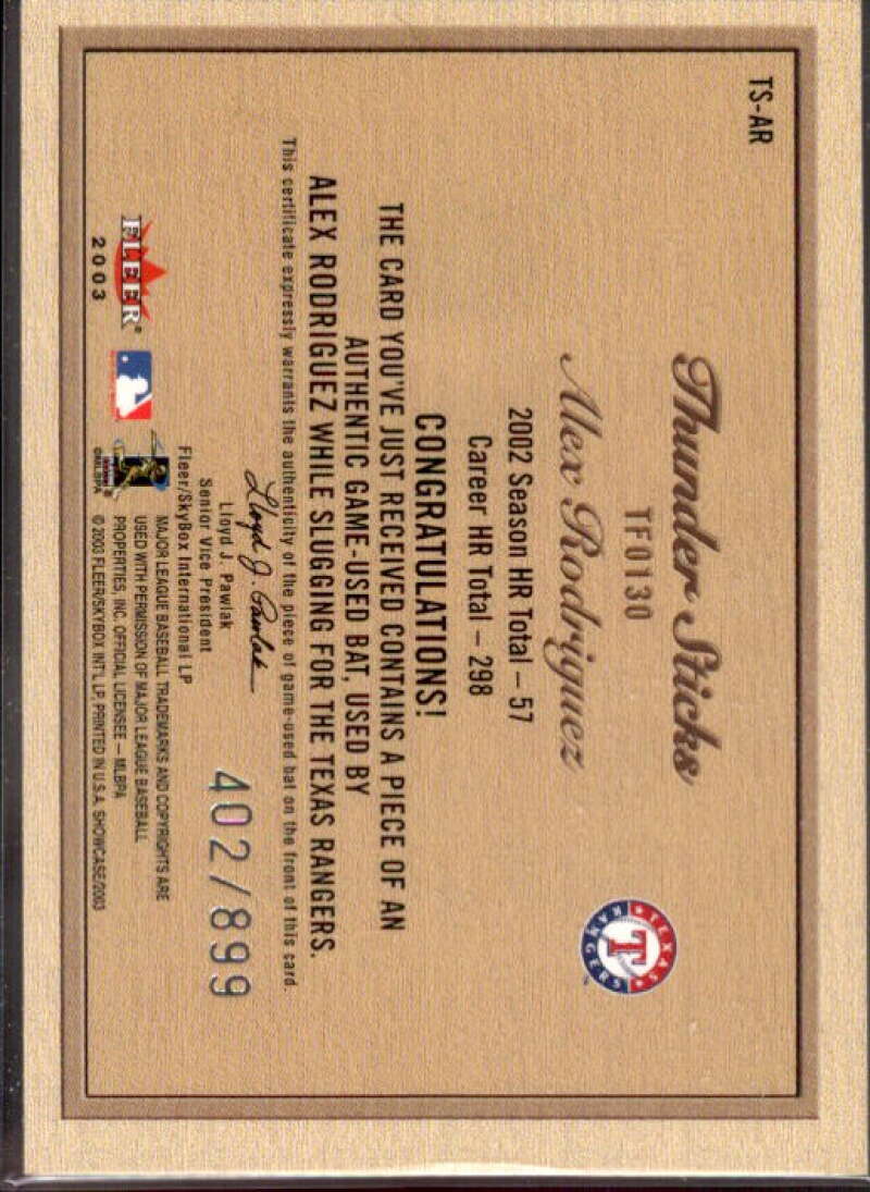 Alex Rodriguez Card 2003 Fleer Showcase Thunder Sticks Game Bat #AR  Image 2