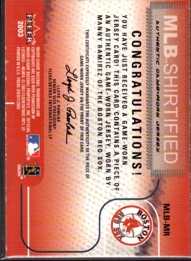 Manny Ramirez Card 2003 Fleer Focus JE MLB Shirtified Game Jersey #MR  Image 2