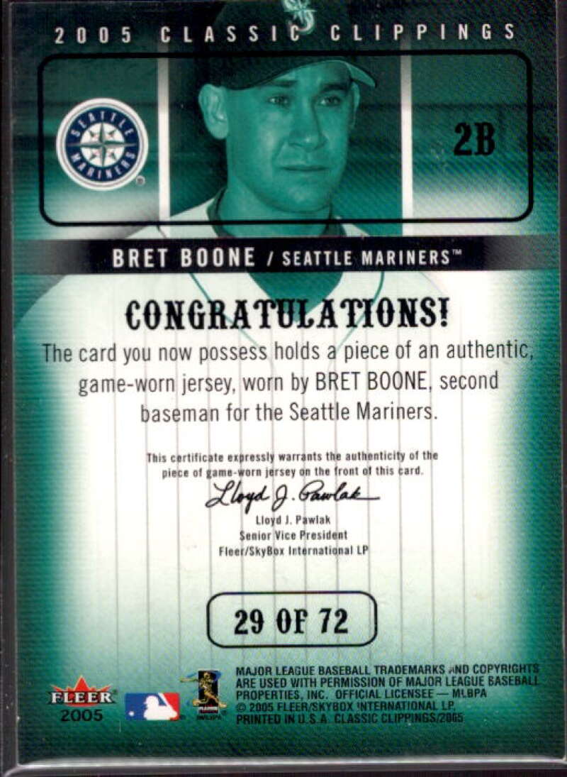 Bret Boone Card 2005 Classic Clippings MLB Game Worn Jersey Collection #29  Image 2