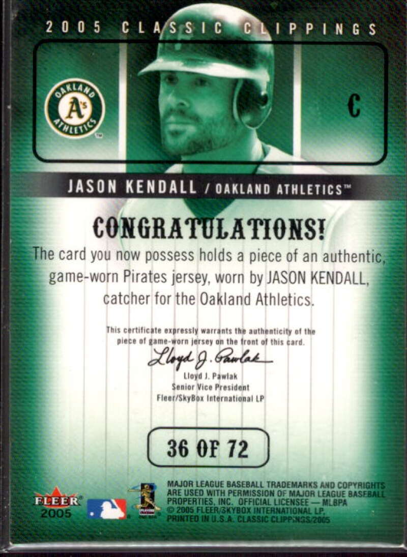 Jason Kendall Card 2005 Classic Clippings MLB Game Worn Jersey Collection #36  Image 2
