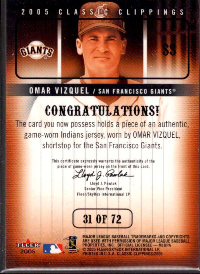 Omar Vizquel Card 2005 Classic Clippings MLB Game Worn Jersey Collection #31  Image 2