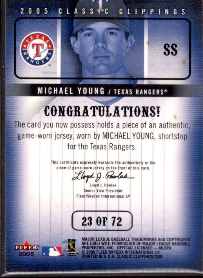 Michael Young Card 2005 Classic Clippings MLB Game Worn Jersey Collection #23  Image 2