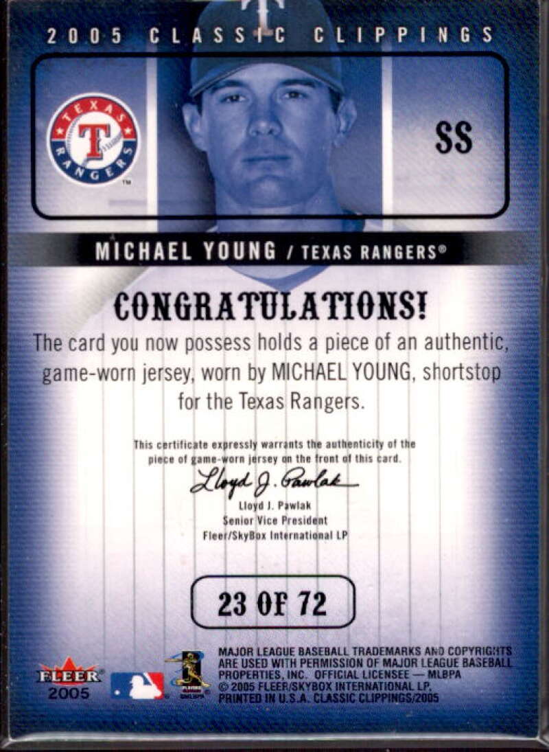 Michael Young Card 2005 Classic Clippings MLB Game Worn Jersey Collection #23  Image 2