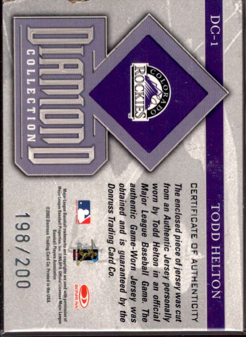 Todd Helton Jsy Card 2002 Studio Diamond Collection Artist's Proofs #1  Image 2