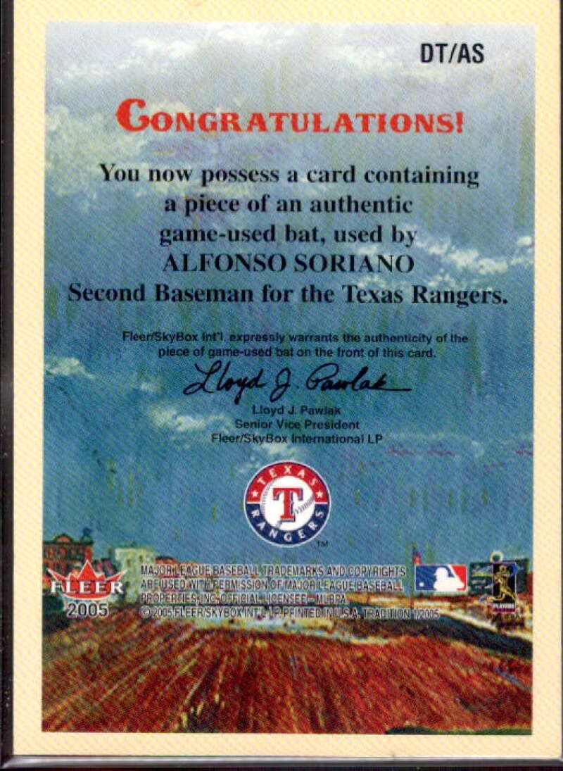 Alfonso Soriano Bat Card 2005 Fleer Tradition Diamond Tributes Game Used #AS  Image 2