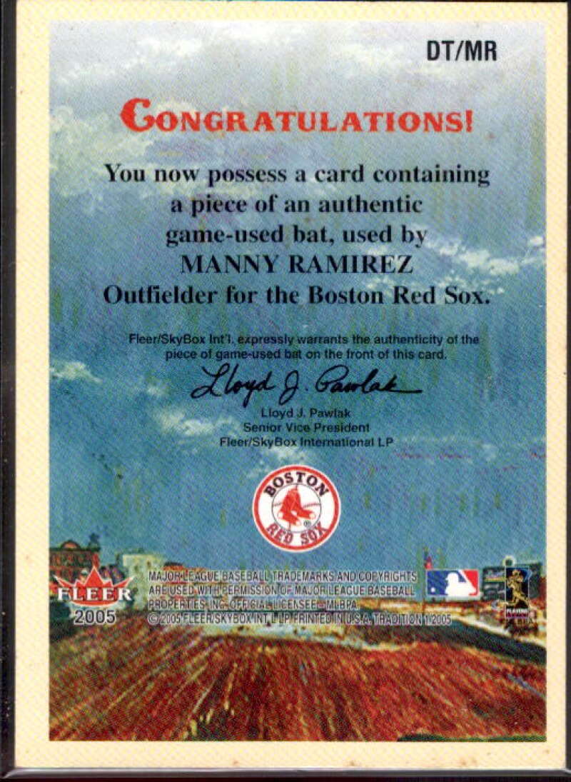 Manny Ramirez Bat Card 2005 Fleer Tradition Diamond Tributes Game Used #MR  Image 2