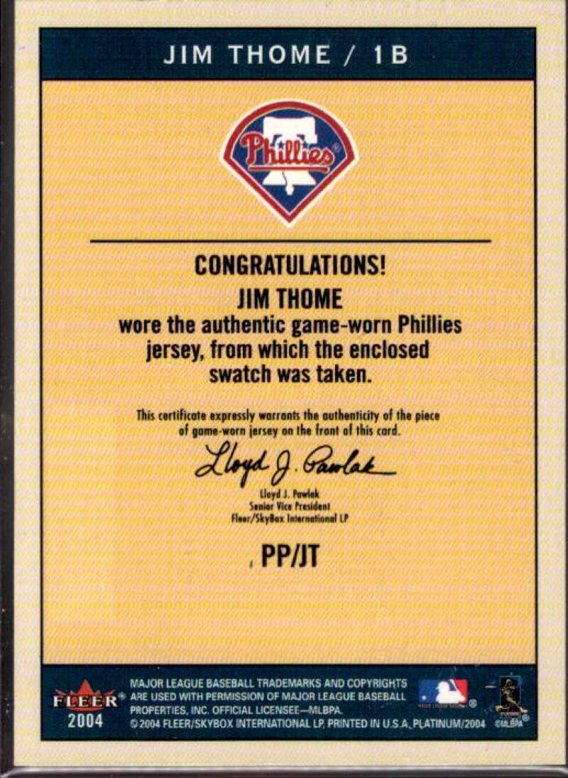 Jim Thome Card 2004 Fleer Platinum Portraits Game Jersey #JT  Image 2