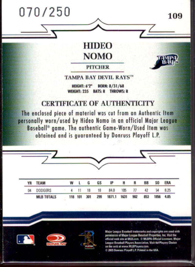 Hideo Nomo Card 2005 Throwback Threads Material Jersey #109  Image 2