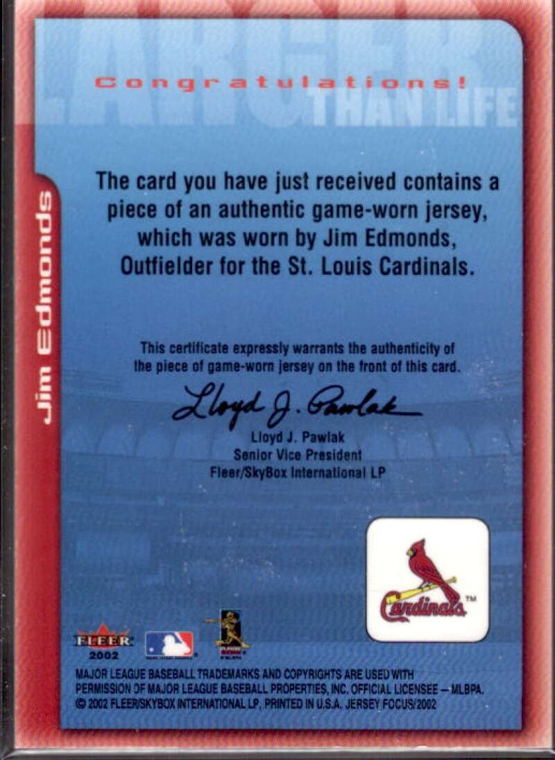 Jim Edmonds Jsy Card 2002 Fleer Focus JE Larger than Life Game Used #2  Image 2