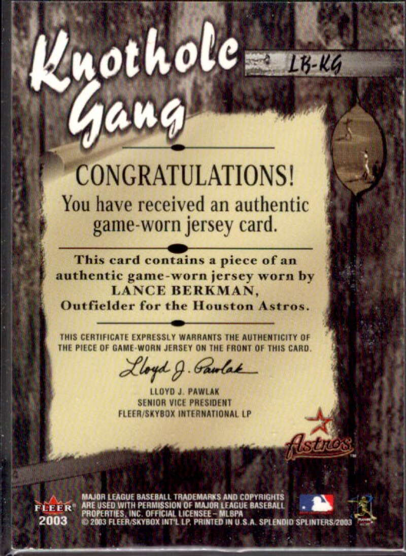 Lance Berkman Card 2003 Splendid Splinters Knothole Gang Game Jersey #LB  Image 2
