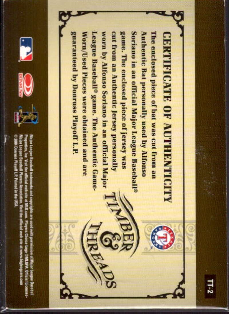 Alfonso Soriano Bat-Jsy Card 2005 Donruss Timber and Threads Combo #2  Image 2
